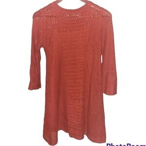 Free People FP Boho Crochet Orange Red Fall Long Sleeve Knit Sweater Dress XS